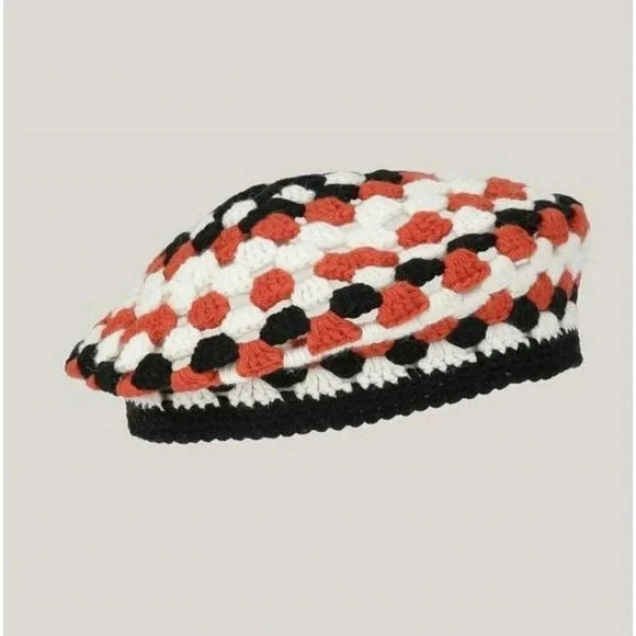 Ganni Women\'s Lambswool Crochet Beret Orange Color-block (MSRP $195) main image 8